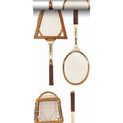 ESTAhome XXL behang vintage tennisrackets wit, bruin en beige - 50 x 900 cm - 158801