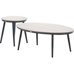 Garden Impressions Lucas bijzettafels donker grijs - teak look - Ø50x48 cm & 120x75x45 cm