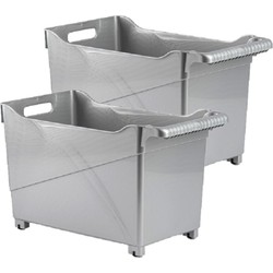 Set van 2x stuks kunststof trolleys zilver op wieltjes L45 x B24 x H27 cm - Opberg trolley