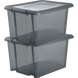 6x stuks kunststof opbergboxen/opbergdozen grijs transparant L65 x B50 x H36 cm stapelbaar - Opbergbox