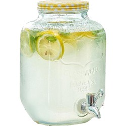 Excellent Houseware Drankdispenser/limonadetap - met tapje - glas - 4 liter - geel/wit geblokte dop - 15 x 26 cm - Drankdispensers
