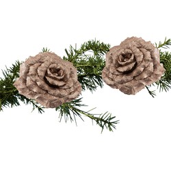 2x stuks kerstboom decoratie bloemen op clip champagne glitter 18 cm - Kersthangers