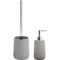 MSV Toiletborstel in houder 35 cm/zeeppompje set Squares - Polyresin/rvs - lichtgrijs - Badkameraccessoireset