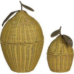 Mica Decorations Opbergmand met Deksel - Set van 2 - H48 x Ø30 cm - Rotan - Geel