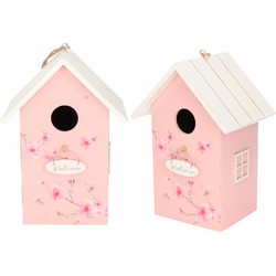 2x Nestkast/vogelhuisje hout roze met wit dak 15 x 12 x 22 cm - Vogelhuisjes
