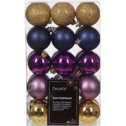 Decoris kerstballen - 30x -goud/blauw/paars - 6 cm -kunststof - Kerstbal