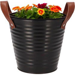 DK Design plantenpot/bloempot emmer Leather- zink - zwart - D16 x H15 cm - Plantenpotten