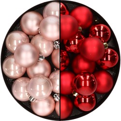 32x stuks kunststof kerstballen mix van lichtroze en rood 4 cm - Kerstbal