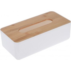 Tissuedoos/tissuebox rechthoekig van kunststof met bovenkant van bamboe hout 26 x 13 cm wit - Tissuehouders