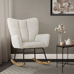 Schommelstoel met armleuningen in badstof beige tot 120 kg Houten schommelstoel Relaxfauteuil