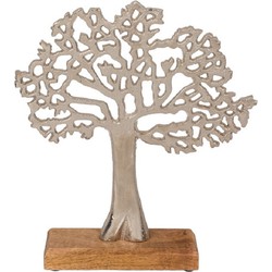 Decoratie levensboom van aluminium op houten voet 27,5 cm zilver - Beeldjes