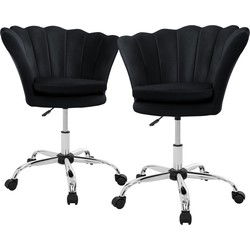 Bureaustoel set van 2 met wielen en rugleuning schelpdesign 68x68 cm zwart fluweel metalen frame ML design