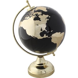 Items Deco Wereldbol/globe op voet - kunststof - zwart/goud - home decoratie artikel - D20 x H30 cm - Wereldbollen