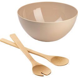 Salade/fruit serveer schaal - beige - kunststof - Dia 28 cm - met bamboe Sla couvert/bestek - Serveerschalen