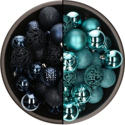 74x stuks kunststof kerstballen mix van donkerblauw en turquoise blauw 6 cm - Kerstbal