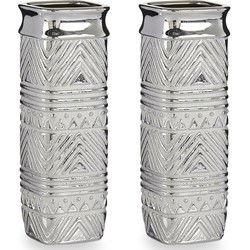 Bloemenvazen 2x stuks - zilver modern vierkant - 10 x 30 cm - keramiek - Vazen