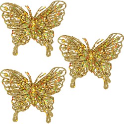 6x Kerstversieringen vlinders op clip glitter goud 11 cm - Kersthangers