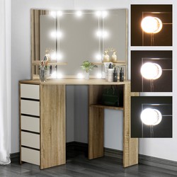 ML-Design kaptafel met LED-verlichting, wit/sonoma, 110x141,5x54 cm, gemaakt van MDF-spaanplaat