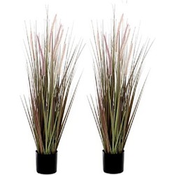 2x Paarse Dogtail siergras kunstplanten 90 cm met zwarte pot - Kunstplanten