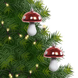 2x Kerstboomversiering paddenstoel ornamenten rood 7 cm - Kersthangers
