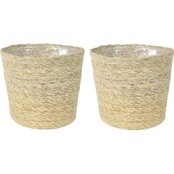 Set van 2x stuks plantenpot/bloempot van jute/zeegras diameter 22 cm en hoogte 19 cm creme beige - Plantenpotten