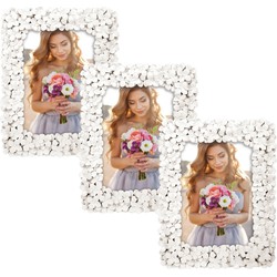 3x stuks kunststof fotolijst witte bloemen geschikt voor een foto van 13 x 18 cm - Fotolijsten