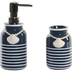 Badkamer accessoires setje drinkbeker en zeeppompje 18 cm beach blue/white - Zeeppompjes
