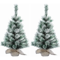 2x Stuks mini kerstboom met sneeuw 35 cm in jute zak - Kunstkerstboom