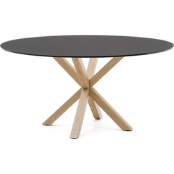 Kave Home - Argo ronde tafel in matzwart glas en stalen poten met houteffect Ø 150 cm