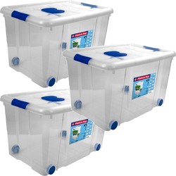 3x Opbergboxen/opbergdozen met deksel en wieltjes 55 liter kunststof transparant/blauw - Opbergbox