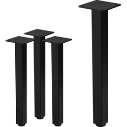 Set van 4 tafelpoten I-Design 42 cm glanzend zwart gepoedercoat staal vierkant profiel 4x4 cm In hoogte verstelbare meubelpoten 1-4 cm