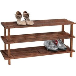 FSC® Dennenhouten Schoenenrek, 3 Verdiepingen voor 9 Paar Schoenen | Schoenenkast | Schoenen Rek | Afm. 77 x 40 x 26 Cm. | Kleur: Donker Dennenbruin