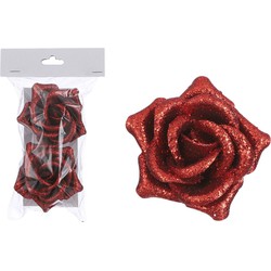 2x Kerstboom bloemen rode rozen op clip 8 cm - Kersthangers