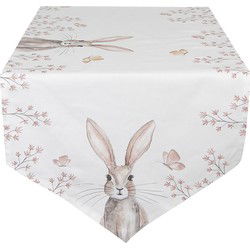 Clayre & Eef Tafelloper 50x160 cm Wit Bruin Katoen Konijn