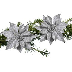 2x stuks kerstboom bloemen op clip zilveren kerstster 18 cm - Kersthangers