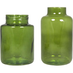 Set van 2 bloemenvazen - groen transparant glas - 20 x 15 cm en 25 x 15 cm - Vazen