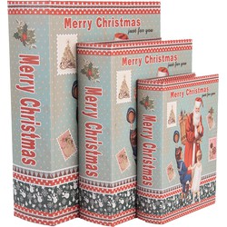 Clayre & Eef Opbergdoos Set van 3 Boeken 27 /22 /17 cm Blauw Hout Kerstman