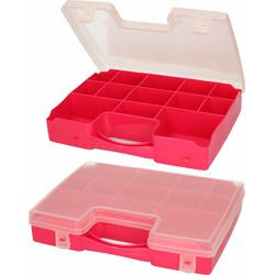 2x Opbergkoffertje/opbergboxen met kliksluiting 13-vaks fuchsia roze - Opbergbox