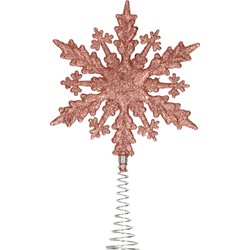 Kunststof kerstboom platte sneeuwvlok piek glitter donker roze/rose 20 cm - kerstboompieken