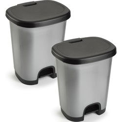 Plasticforte Pedaalemmer - 2x - zilver/zwart - 18L - 33 x 28 x 40 cm - Pedaalemmers