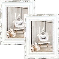 2x stuks houten fotolijst vintage wit met metalen ophangketting geschikt voor een foto van 15x20 cm - Fotolijsten