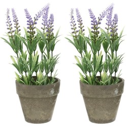 2x Groene/lilapaarse Lavandula lavendel kunstplanten 25 cm met grijze beton pot - Kunstplanten