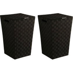 5Five Wasmand gevlochten Rotan - 2x - zwart - 57 liter - 33 x 33 x 53 cm - met deksel - Wasmanden