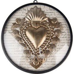 Clayre & Eef Wanddecoratie  Ø 23x4 cm Goudkleurig Zwart Ijzer Glas Heilig Hart Muurdecoratie