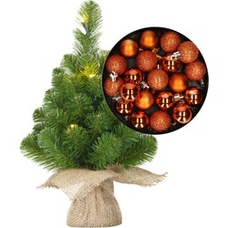 Mini kerstboom/kunstboom met verlichting 45 cm en inclusief kerstballen oranje - Kunstkerstboom