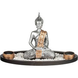 Concorde Boeddha beeld - met waxinelichthouder - zilver - 33 cm - Beeldjes