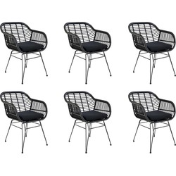 QUVIO Fauteuil tuinstoel Jade - Met kussen - Staal - PE rattan - Zwart - Set van 6