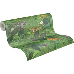 Livingwalls behang jungle-motief groen, bruin en grijs - 53 cm x 10,05 m - AS-387241