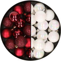 28x stuks kleine kunststof kerstballen parelmoer donkerrood en wit 3 cm - Kerstbal