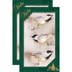 6x stuks luxe glazen decoratie vogels op clip wit/goud/zwart 11 cm - Kersthangers